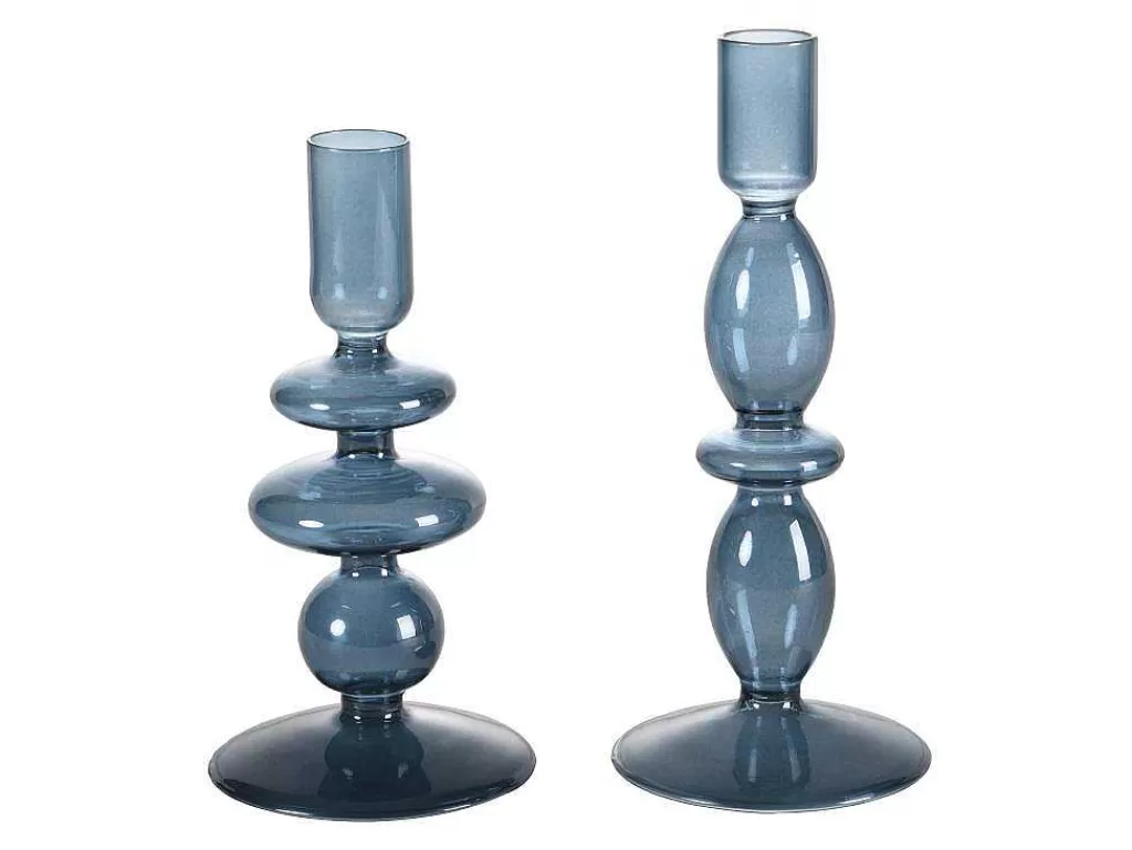Castiçais Decorativos E Velas*OZAIA Conjunto De 2 Castiçais D. 9 X A. 21 Cm E D. 9 E A. 18,5 Cm Vidro Azul - Kandie