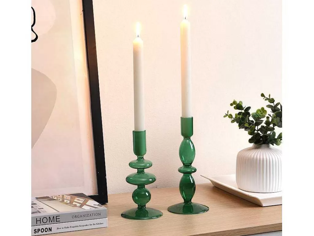 Promoções Decoração*OZAIA Conjunto De 2 Castiçais D. 9 X A. 21 Cm E D. 9 E A. 18,5 Cm Vidro Verde - Kandie