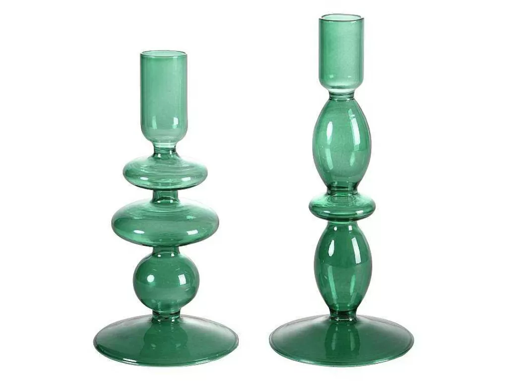 Promoções Decoração*OZAIA Conjunto De 2 Castiçais D. 9 X A. 21 Cm E D. 9 E A. 18,5 Cm Vidro Verde - Kandie