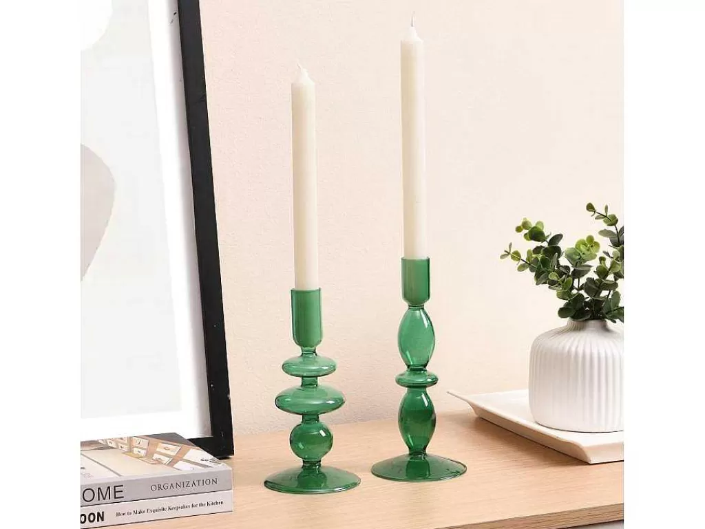 Promoções Decoração*OZAIA Conjunto De 2 Castiçais D. 9 X A. 21 Cm E D. 9 E A. 18,5 Cm Vidro Verde - Kandie