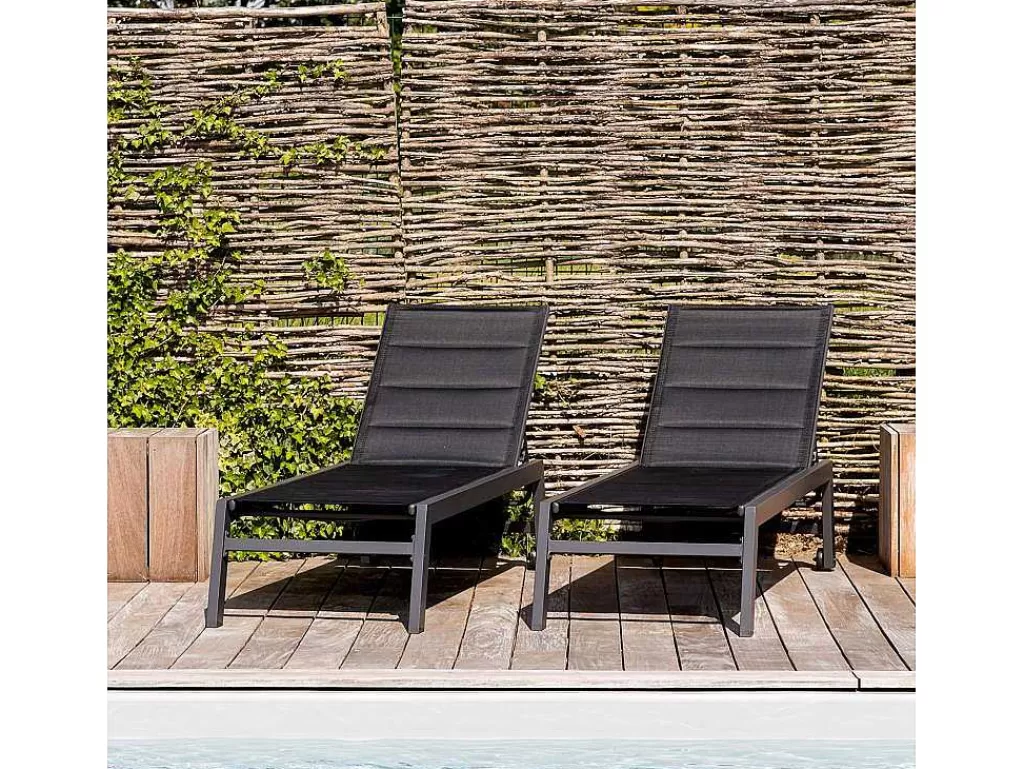 Espreguiçadeira*Happy Garden Conjunto De 2 Espreguiçadeiras Barbados Em Têxtileno Preto - Aluminio Cinzento Antracite
