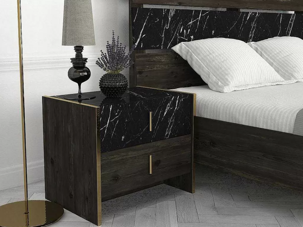 Mesa De Cabeceira*Vente-unique Conjunto De 2 Mesas De Cabeceira, 2 Gavetas, Efeito Marmore Preto, Natural E Dourado - Cabeda
