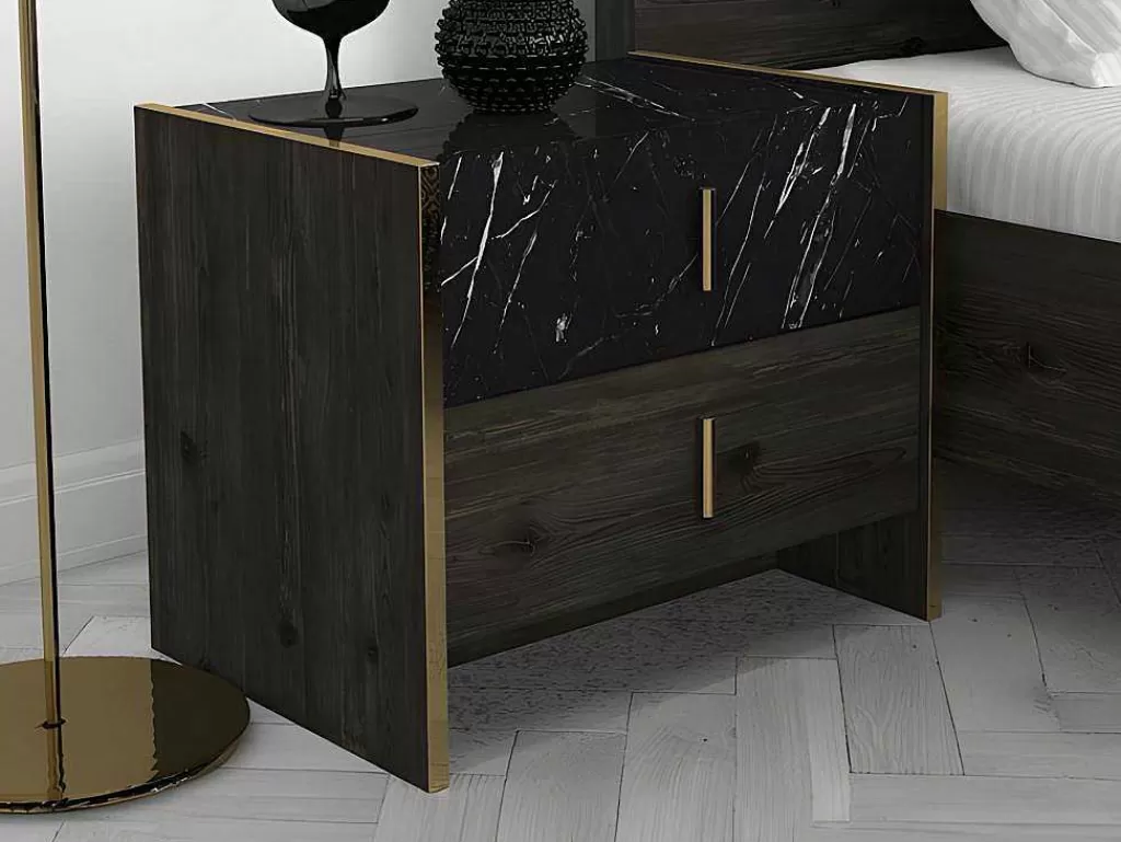 Mesa De Cabeceira*Vente-unique Conjunto De 2 Mesas De Cabeceira, 2 Gavetas, Efeito Marmore Preto, Natural E Dourado - Cabeda