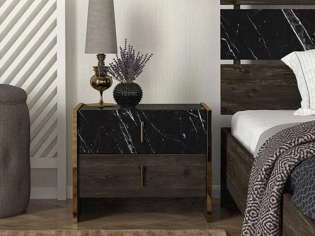 Mesa De Cabeceira*Vente-unique Conjunto De 2 Mesas De Cabeceira, 2 Gavetas, Efeito Marmore Preto, Natural E Dourado - Cabeda