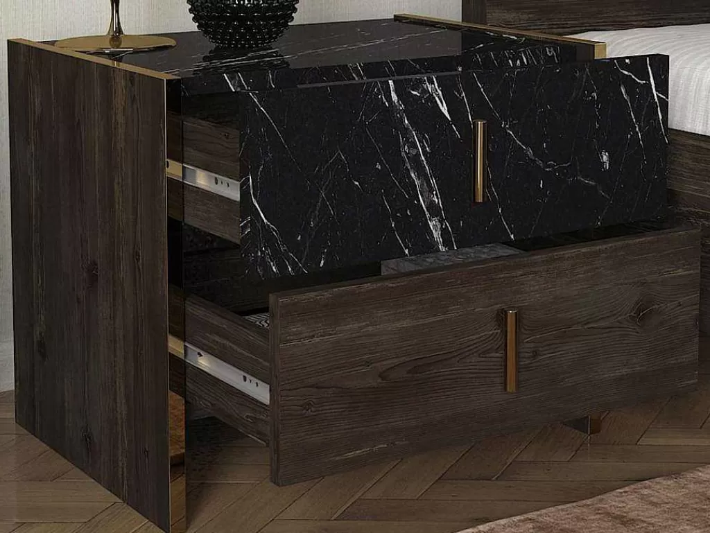 Mesa De Cabeceira*Vente-unique Conjunto De 2 Mesas De Cabeceira, 2 Gavetas, Efeito Marmore Preto, Natural E Dourado - Cabeda