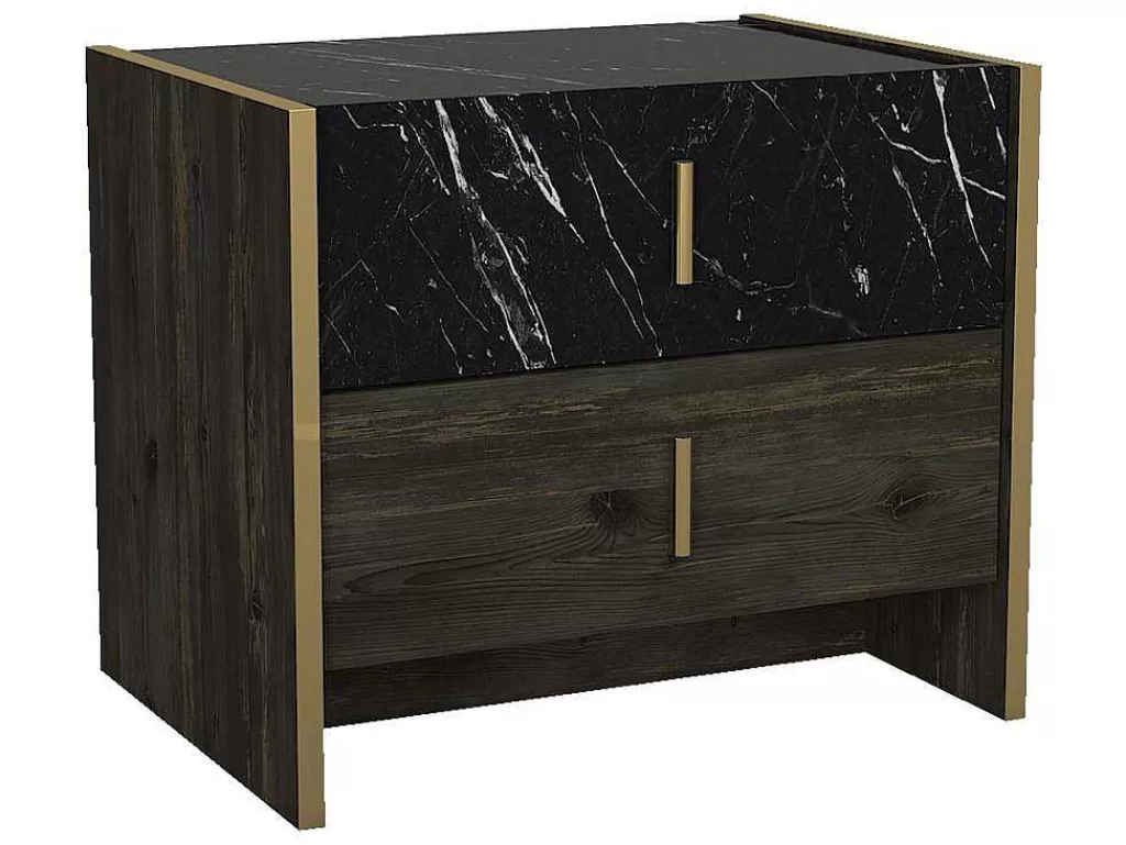 Mesa De Cabeceira*Vente-unique Conjunto De 2 Mesas De Cabeceira, 2 Gavetas, Efeito Marmore Preto, Natural E Dourado - Cabeda