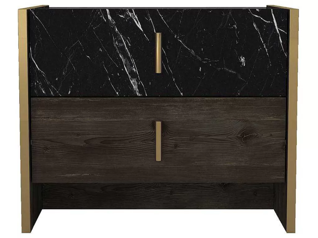 Mesa De Cabeceira*Vente-unique Conjunto De 2 Mesas De Cabeceira, 2 Gavetas, Efeito Marmore Preto, Natural E Dourado - Cabeda