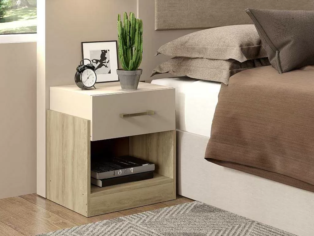 Mesa De Cabeceira*Vente-unique Conjunto De 2 Mesas De Cabeceira Com 1 Gaveta E 1 Prateleira, Cor Natural E Marfim - Bodil Ii
