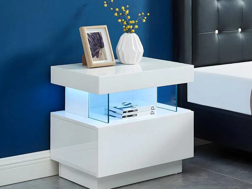 Mesa De Cabeceira*Vente-unique Conjunto De 2 Mesas De Cabeceira Com 1 Gaveta E 1 Prateleira, Leds, Mdf Lacado A Branco - Fabio Ii