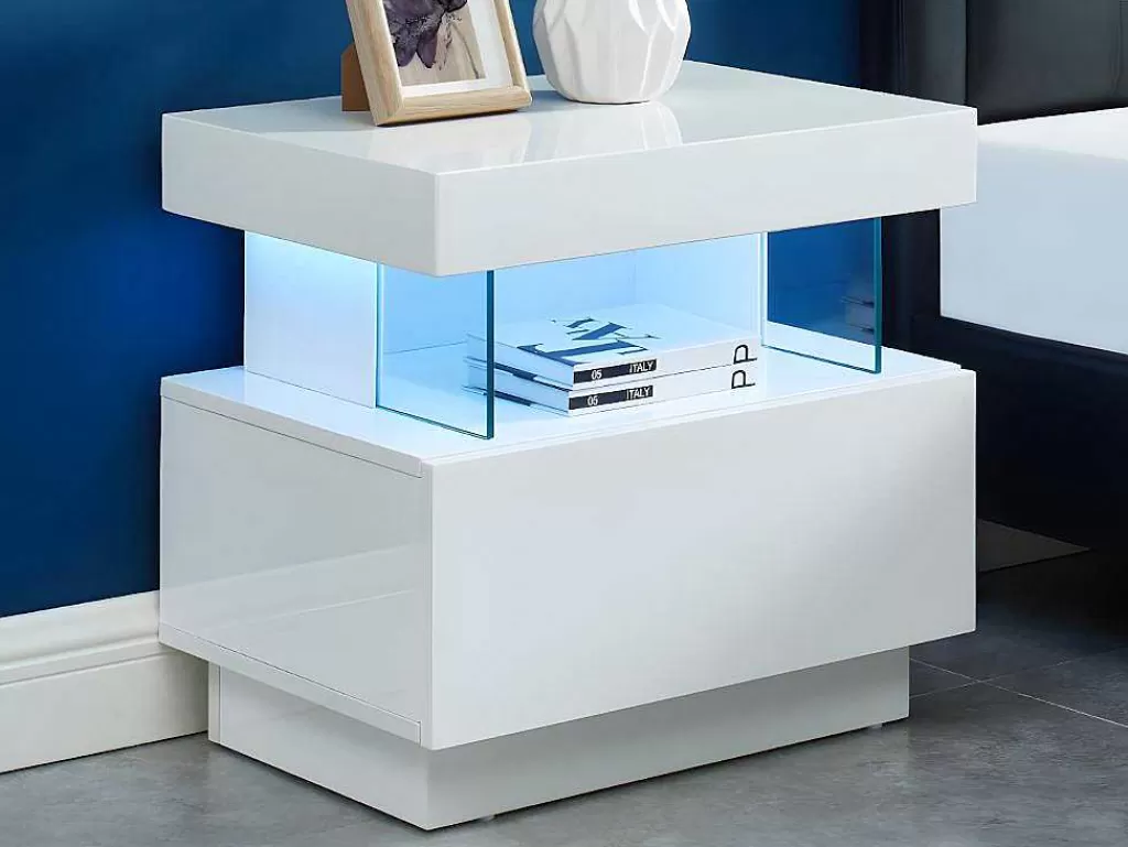 Mesa De Cabeceira*Vente-unique Conjunto De 2 Mesas De Cabeceira Com 1 Gaveta E 1 Prateleira, Leds, Mdf Lacado A Branco - Fabio Ii