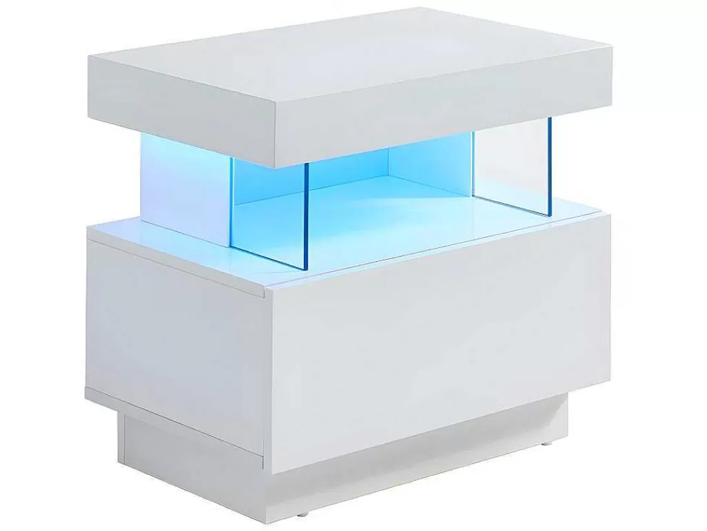 Mesa De Cabeceira*Vente-unique Conjunto De 2 Mesas De Cabeceira Com 1 Gaveta E 1 Prateleira, Leds, Mdf Lacado A Branco - Fabio Ii