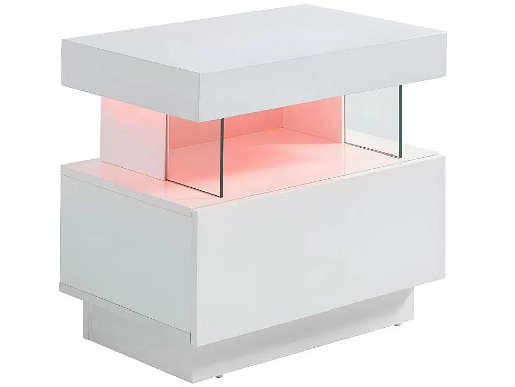 Mesa De Cabeceira*Vente-unique Conjunto De 2 Mesas De Cabeceira Com 1 Gaveta E 1 Prateleira, Leds, Mdf Lacado A Branco - Fabio Ii