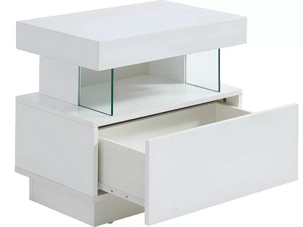 Mesa De Cabeceira*Vente-unique Conjunto De 2 Mesas De Cabeceira Com 1 Gaveta E 1 Prateleira, Leds, Mdf Lacado A Branco - Fabio Ii