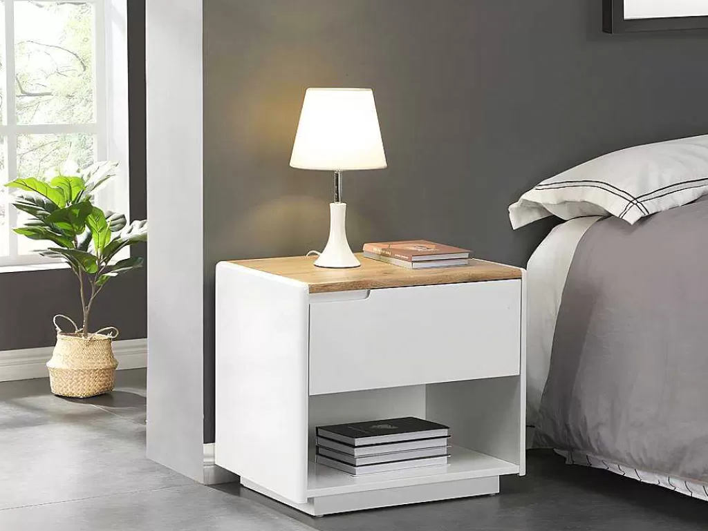 Mesa De Cabeceira*Vente-unique Conjunto De 2 Mesas De Cabeceira Com 1 Gaveta E 1 Prateleira Mdf Lacado A Branco E Carvalho - Amani