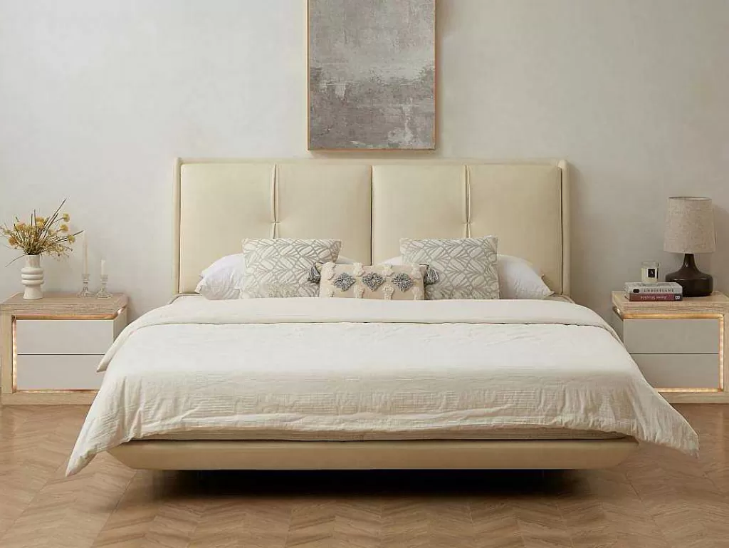 Mesa De Cabeceira*Vente-unique Conjunto De 2 Mesas De Cabeceira Com 2 Gavetas, Com Leds, Lacado A Branco E Natural - Flarancia