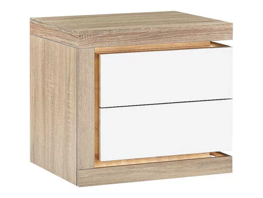 Mesa De Cabeceira*Vente-unique Conjunto De 2 Mesas De Cabeceira Com 2 Gavetas, Com Leds, Lacado A Branco E Natural - Flarancia