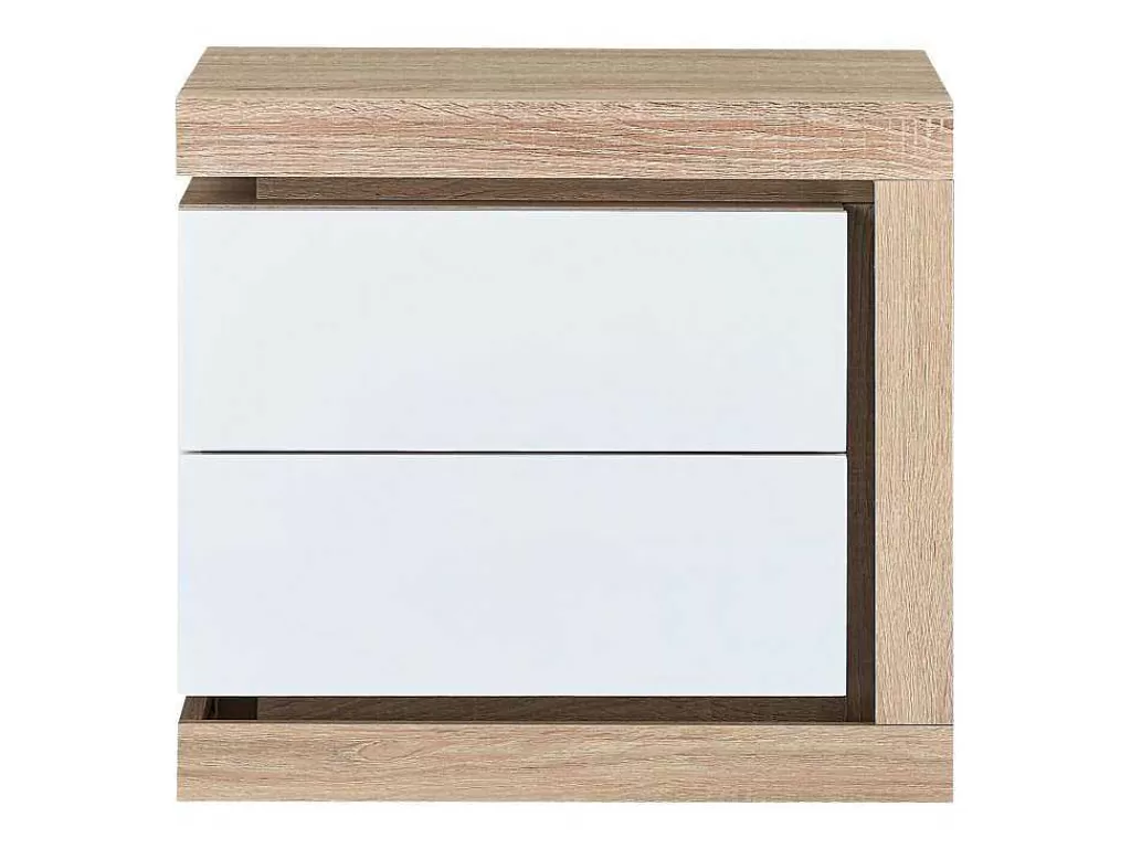 Mesa De Cabeceira*Vente-unique Conjunto De 2 Mesas De Cabeceira Com 2 Gavetas, Com Leds, Lacado A Branco E Natural - Flarancia