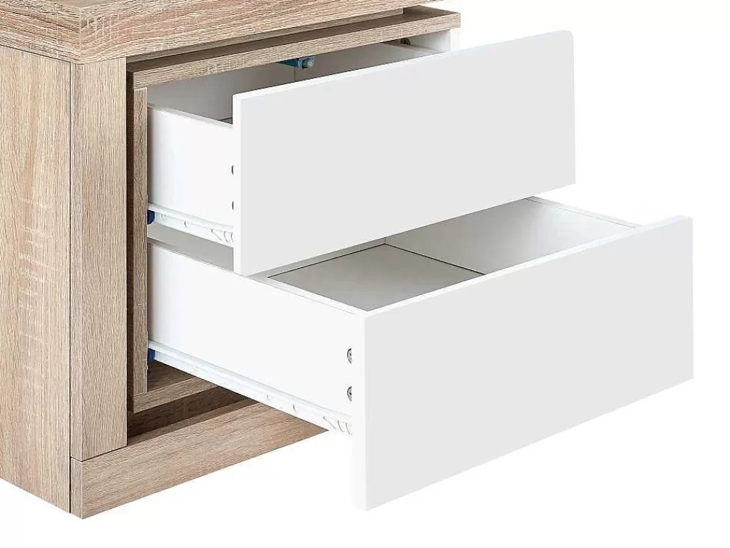 Mesa De Cabeceira*Vente-unique Conjunto De 2 Mesas De Cabeceira Com 2 Gavetas, Com Leds, Lacado A Branco E Natural - Flarancia