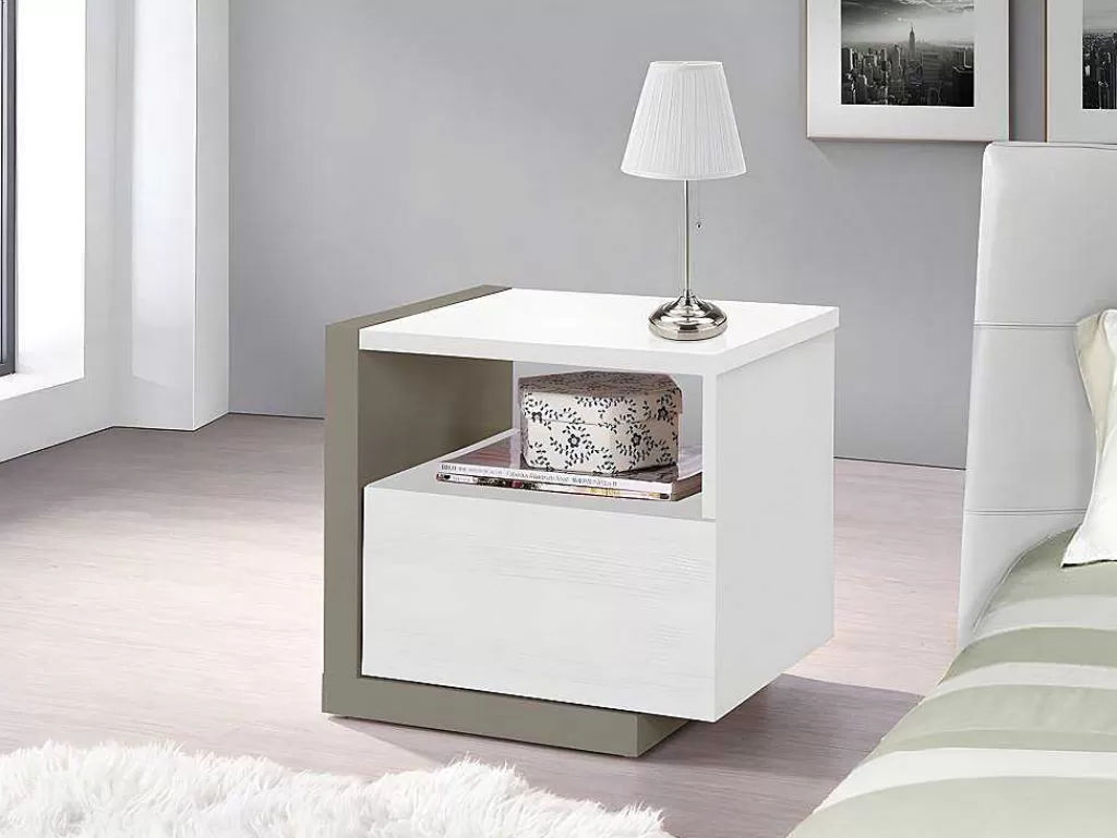 Mesa De Cabeceira*Vente-unique Conjunto De 2 Mesas De Cabeceira Escandinavas, 1 Gaveta E 1 Prateleira, Branco E Cinza Taupe - Napoli