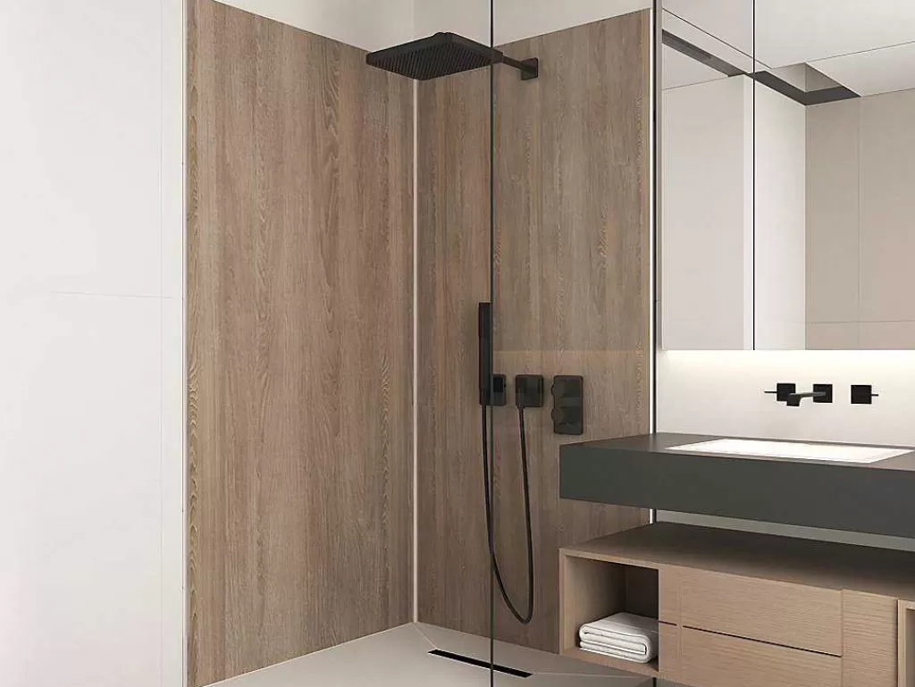 Painel De Parede Para Duche*Shower & Design Conjunto De 2 Paineis De Parede De Duche Efeito De Madeira Aluminio Com Perfis 2 X L90 X A210 Cm - Eneko