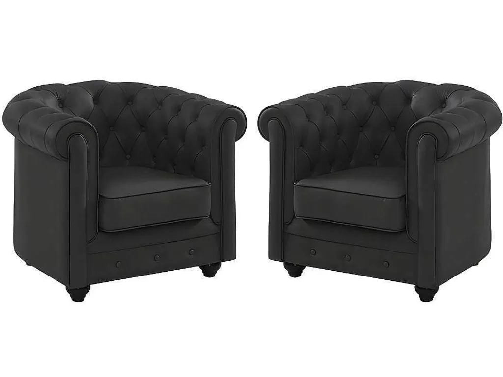 Poltrona Em Pele*Vente-unique Conjunto De 2 Poltronas Em Pele De Bufalo - Preto - Chesterfield