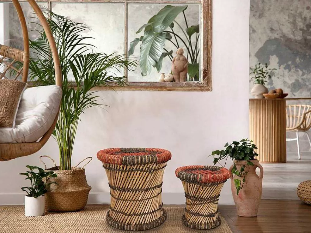 Puff*Vente-unique Conjunto De 2 Pufes Redondos Em Rotim Natural Claro E Vermelho - Mirtaka
