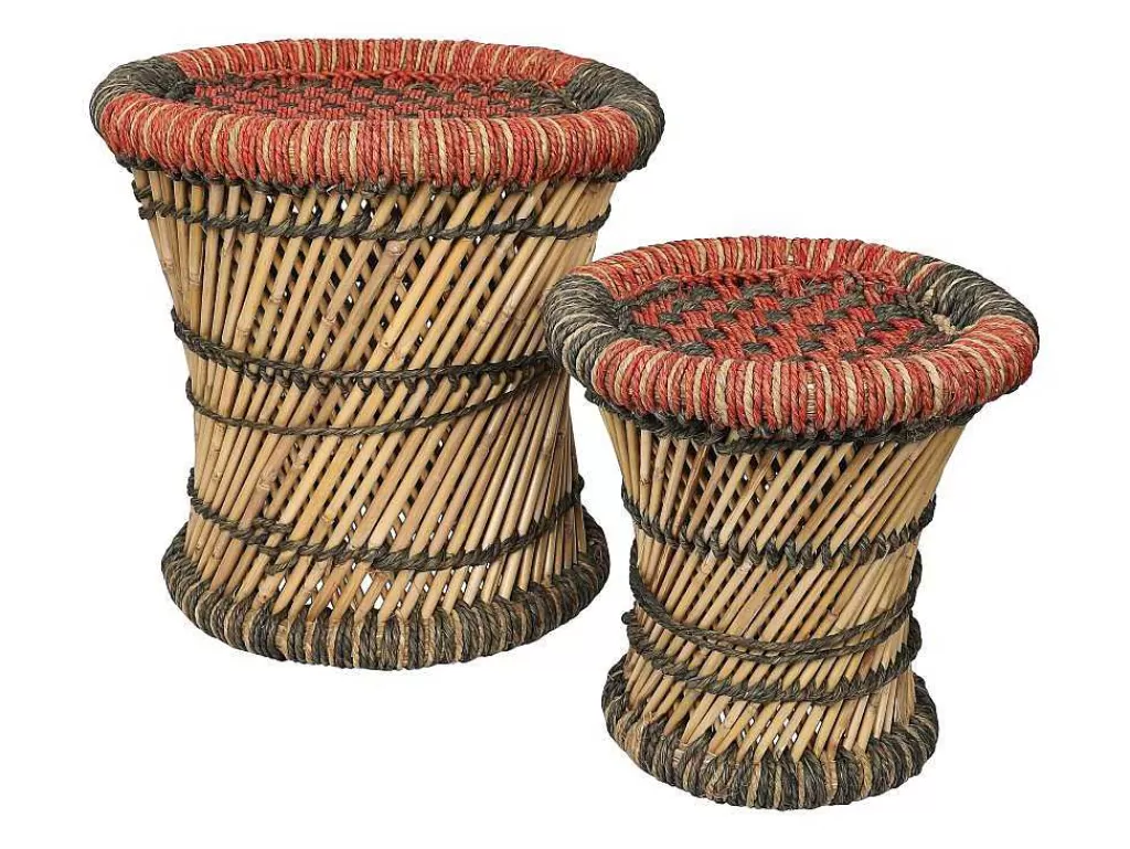 Puff*Vente-unique Conjunto De 2 Pufes Redondos Em Rotim Natural Claro E Vermelho - Mirtaka