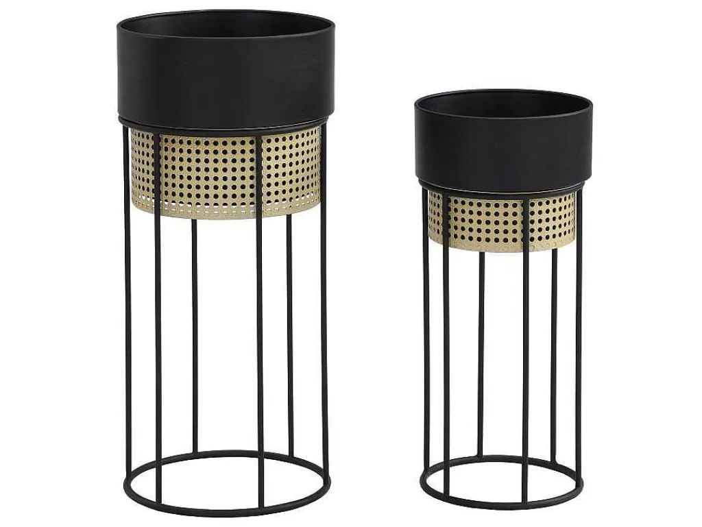 Objeto De Decoração Interior*OZAIA Conjunto De 2 Vasos De Ornamentacao Com Pe Efeito Empalhamento Em Ferro De D.30,5 X A.66 Cm E D.24,5 X A.55 Cm Cor Preto E Dourado - Covel