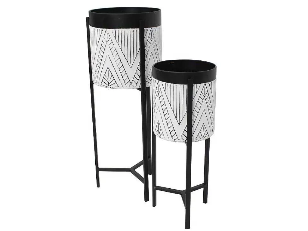 Promoções Decoração*OZAIA Conjunto De 2 Vasos De Ornamentacao Com Suporte Em Metal D. 20 X A. 53 Cm E D. 25 X A. 69 Cm Preto E Branco - Capoli