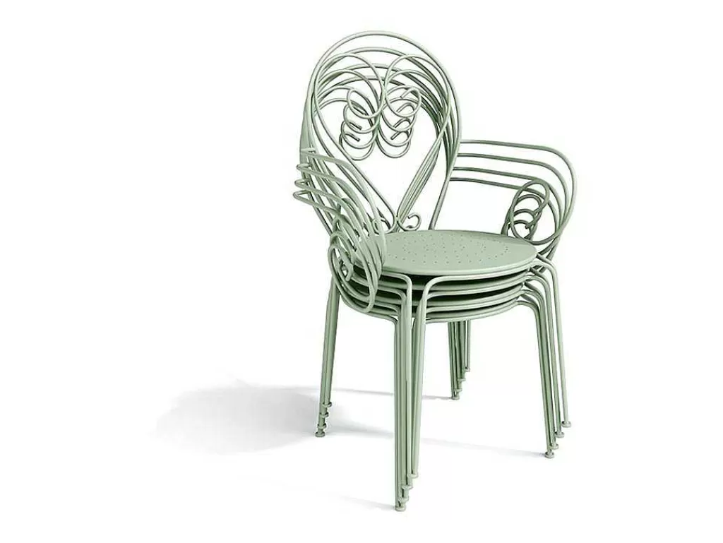 Conjunto Mesa E Cadeiras De Jardim*MYLIA Conjunto De 4 Cadeiroes De Jardim Empilhaveis Em Metal Estilo Ferro Forjado Cor Verde Amendoa - Guermantes