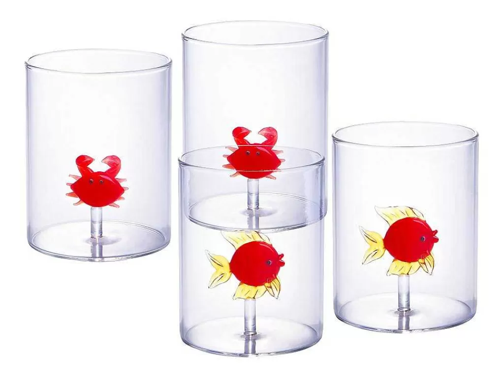 Louça E Utensílios De Cozinha*OZAIA Conjunto De 4 Copos Animais, Vidro Soprado Transparente E Vermelho D7,5 X A9,5 Cm - Apuna