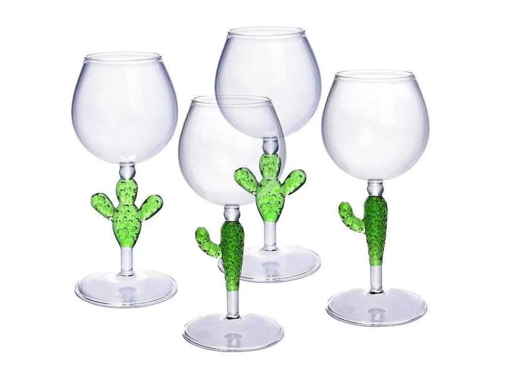 Louça E Utensílios De Cozinha*OZAIA Conjunto De 4 Copos De Vinho Com Pés Cacto Transparente E Verde D8,5 X A19,5 Cm - Gellif