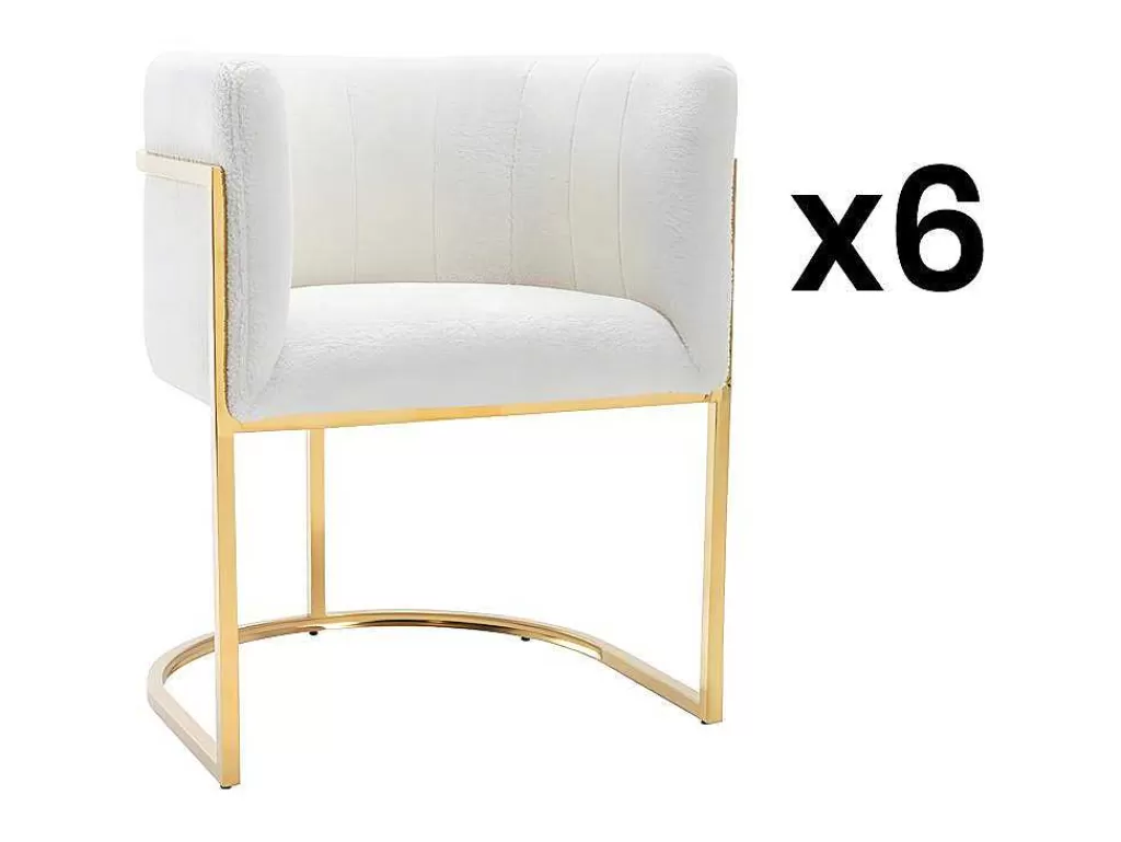 Cadeira*PASCAL MORABITO Conjunto De 6 Cadeiras Com Apoios De Bracos Tecido Boucle E Aco Inoxidavel Branco E Dourado - Peria De