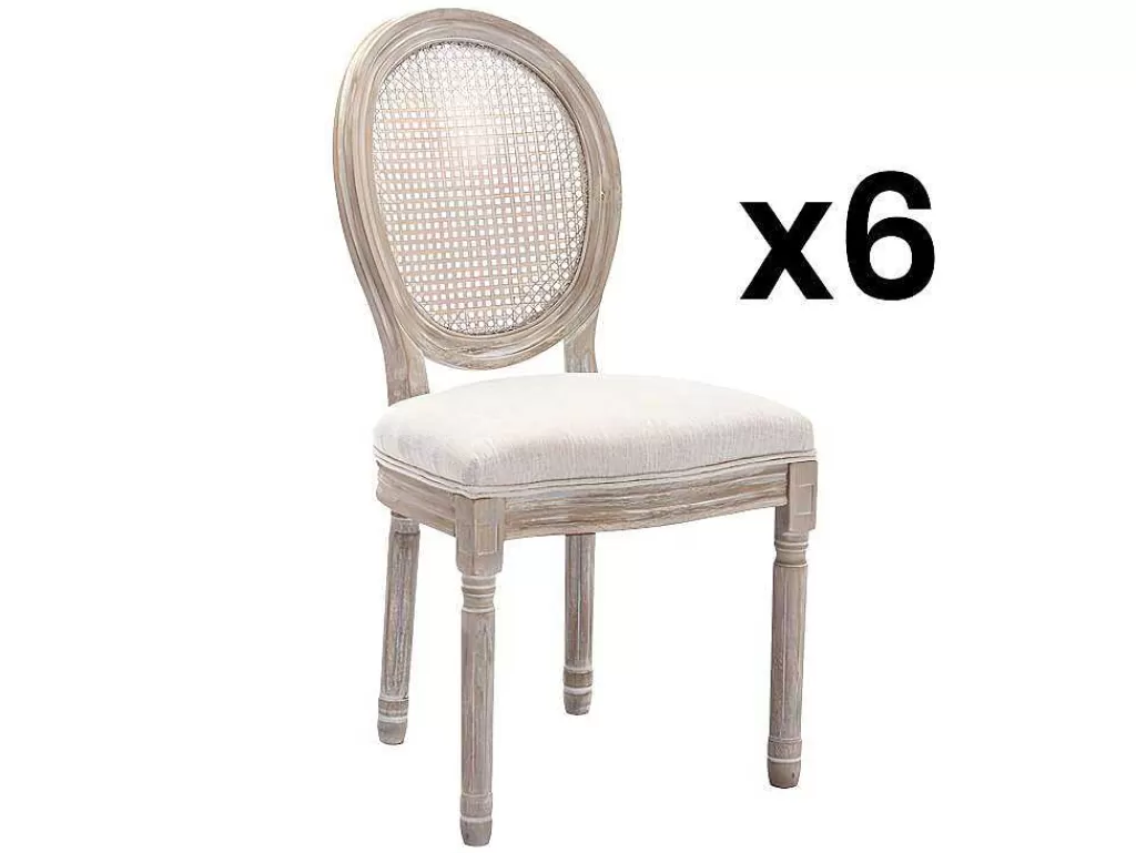 Cadeira*Vente-unique Conjunto De 6 Cadeiras Empalhadas, Tecido E Madeira De Hevea Bege - Antoinette