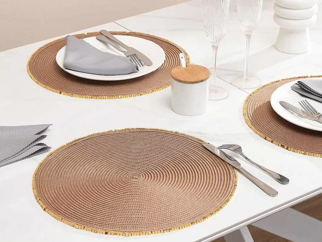 Têxteis De Mesa*OZAIA Conjunto De 8 Individuais De Mesa Redondos Com Bordas Em Perola D38 Cm, Castanho E Dourado - Balista