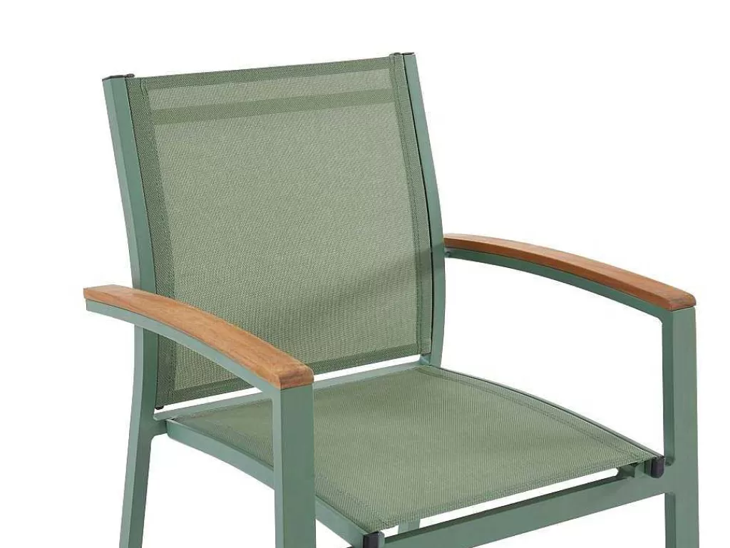Conjunto Mesa E Cadeiras De Jardim*MYLIA Conjunto De Jantar De Jardim Em Aluminio, Mesa Extensivel 180/240Cm, 6 Cadeiroes Empilhaveis Com Apoios De Bracos Em Acacia Verde-Amendoa - Nauru