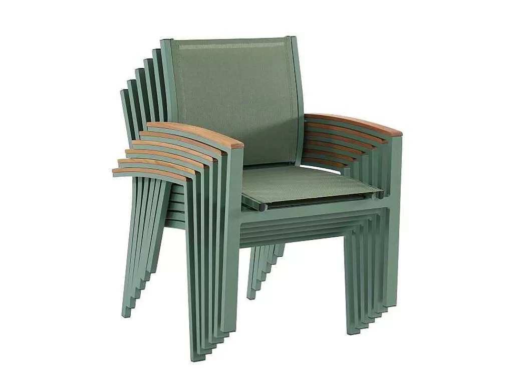 Conjunto Mesa E Cadeiras De Jardim*MYLIA Conjunto De Jantar De Jardim Em Aluminio, Mesa Extensivel 180/240Cm, 6 Cadeiroes Empilhaveis Com Apoios De Bracos Em Acacia Verde-Amendoa - Nauru