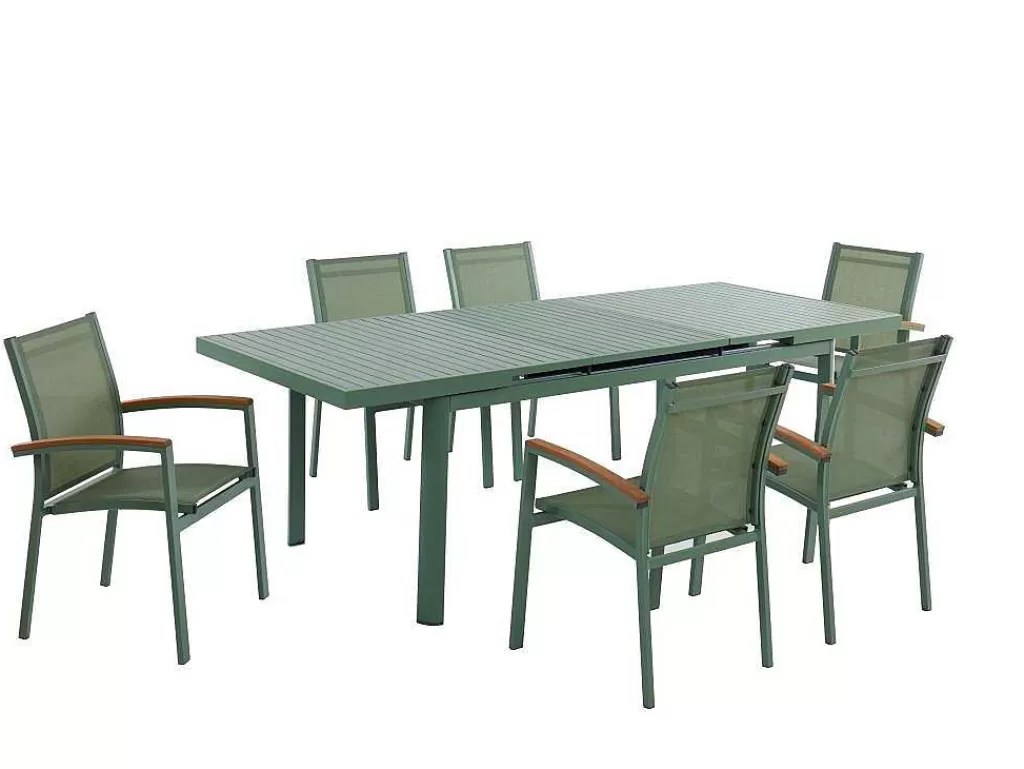 Conjunto Mesa E Cadeiras De Jardim*MYLIA Conjunto De Jantar De Jardim Em Aluminio, Mesa Extensivel 180/240Cm, 6 Cadeiroes Empilhaveis Com Apoios De Bracos Em Acacia Verde-Amendoa - Nauru