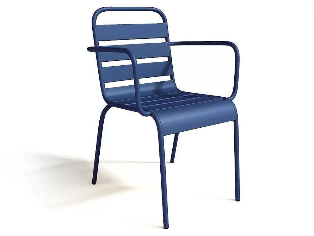 Conjunto Mesa E Cadeiras De Jardim*MYLIA Conjunto De Jantar De Jardim Em Metal, Uma Mesa C. 160 Cm Com 2 Cadeiroes Empilhaveis E 4 Cadeiras Empilhaveis Azul-Escuro - Mirmande