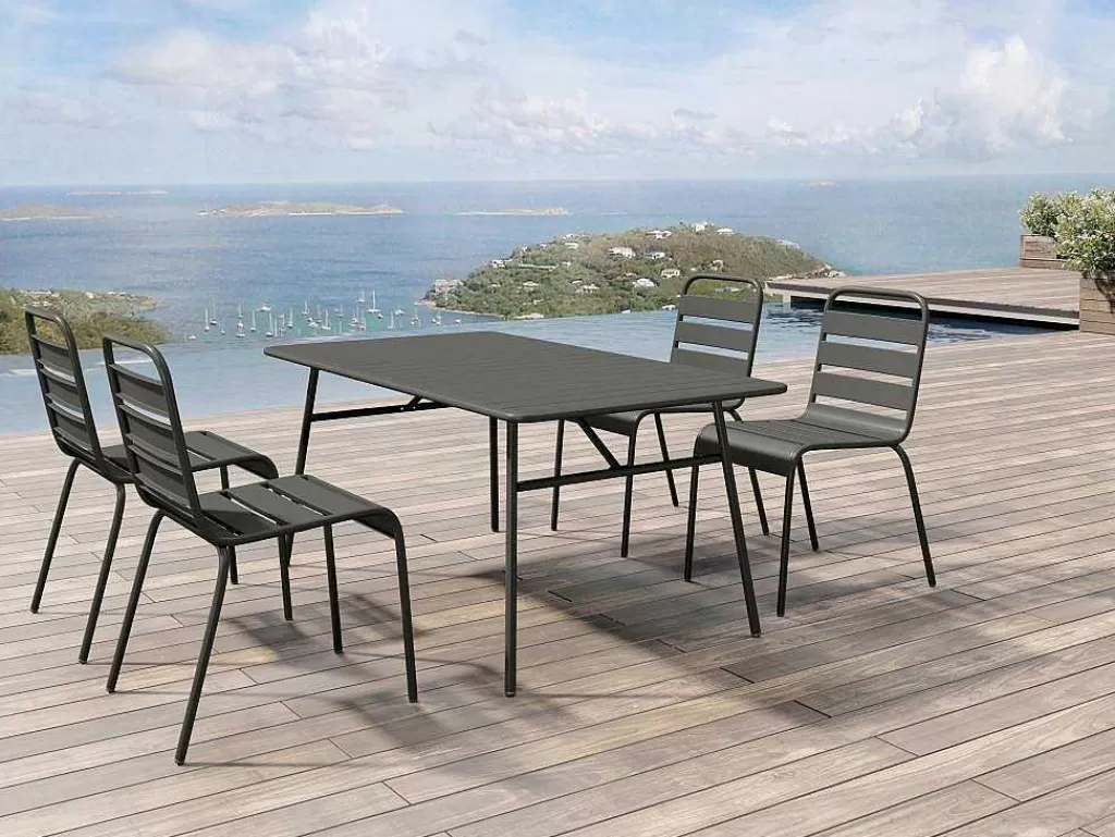 Conjunto Mesa E Cadeiras De Jardim*MYLIA Conjunto De Jantar De Jardim Em Metal, Uma Mesa C. 160 Cm E 4 Cadeiras Empilhaveis, Cinzento-Escuro - Mirmande