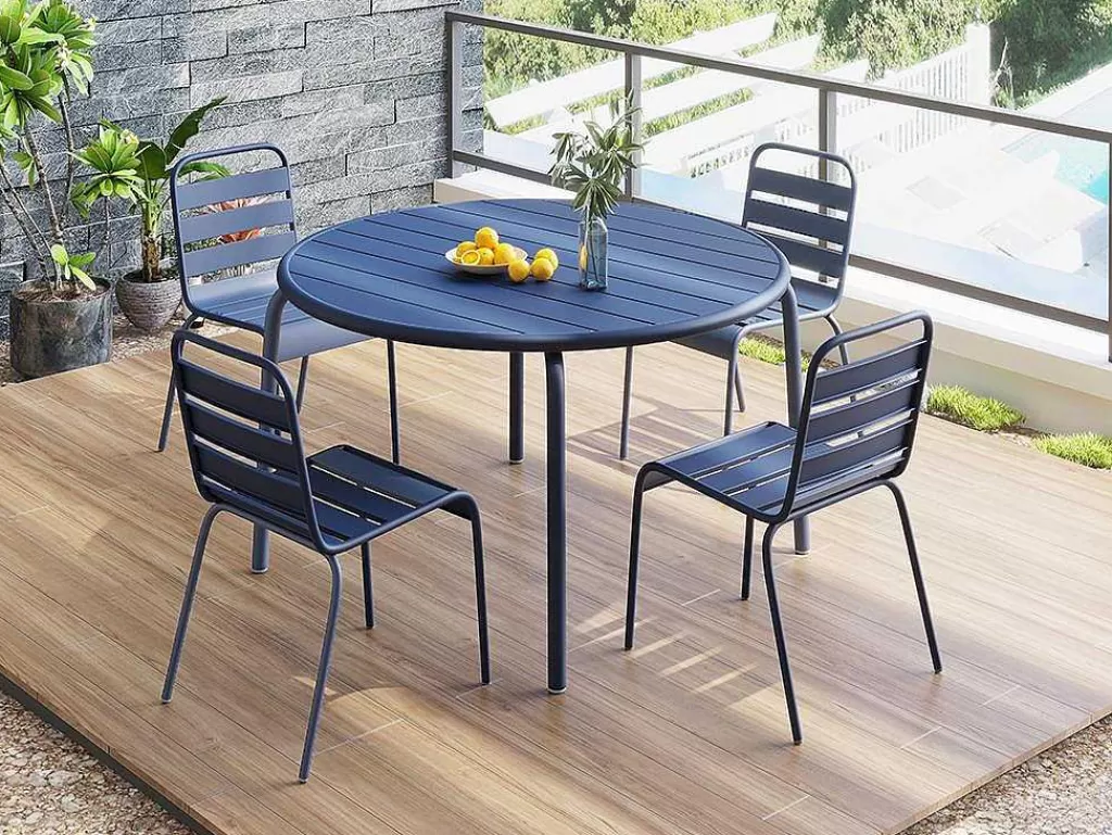 Conjunto Mesa E Cadeiras De Jardim*MYLIA Conjunto De Jantar De Jardim Em Metal, Uma Mesa D. 110 Cm E 4 Cadeiras Empilhaveis Azul-Escuro - Mirmande