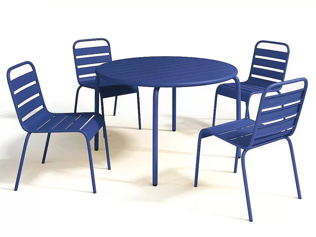 Conjunto Mesa E Cadeiras De Jardim*MYLIA Conjunto De Jantar De Jardim Em Metal, Uma Mesa D. 110 Cm E 4 Cadeiras Empilhaveis Azul-Escuro - Mirmande