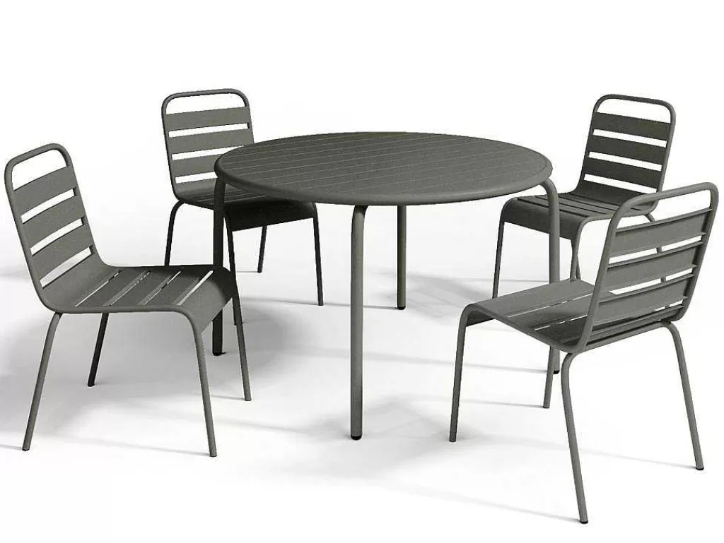 Conjunto Mesa E Cadeiras De Jardim*MYLIA Conjunto De Jantar De Jardim Em Metal, Uma Mesa D. 110 Cm E 4 Cadeiras Empilhaveis, Cinzento-Escuro - Mirmande
