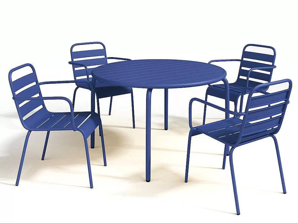 Conjunto Mesa E Cadeiras De Jardim*MYLIA Conjunto De Jantar De Jardim Em Metal, Uma Mesa D. 110 Cm E 4 Cadeiroes Empilhaveis Azul-Escuro - Mirmande