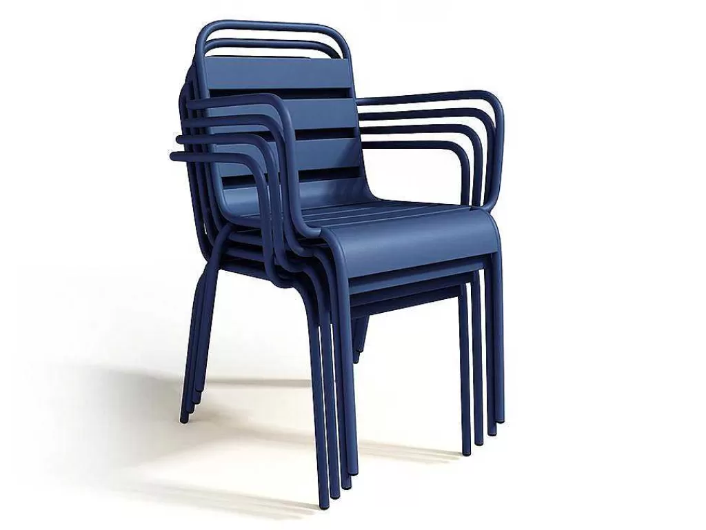 Conjunto Mesa E Cadeiras De Jardim*MYLIA Conjunto De Jantar De Jardim Em Metal, Uma Mesa D. 110 Cm E 4 Cadeiroes Empilhaveis Azul-Escuro - Mirmande