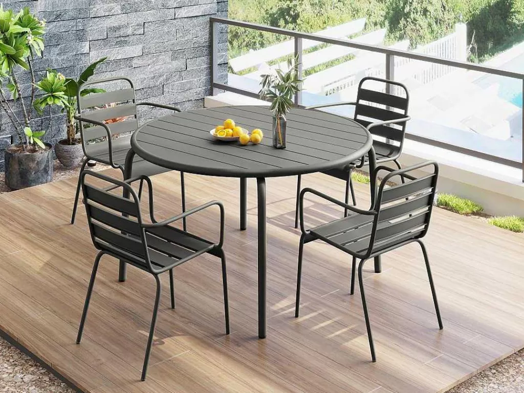 Conjunto Mesa E Cadeiras De Jardim*MYLIA Conjunto De Jantar De Jardim Em Metal, Uma Mesa D. 110 Cm E 4 Cadeiroes Empilhaveis, Cinzento-Escuro - Mirmande