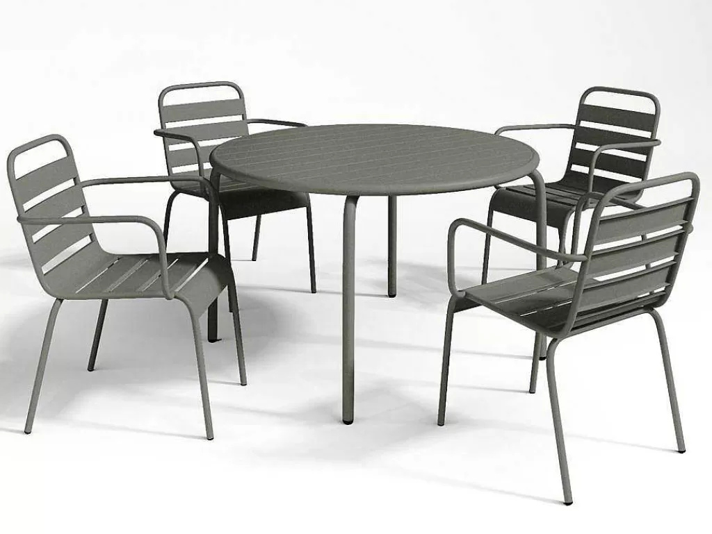 Conjunto Mesa E Cadeiras De Jardim*MYLIA Conjunto De Jantar De Jardim Em Metal, Uma Mesa D. 110 Cm E 4 Cadeiroes Empilhaveis, Cinzento-Escuro - Mirmande