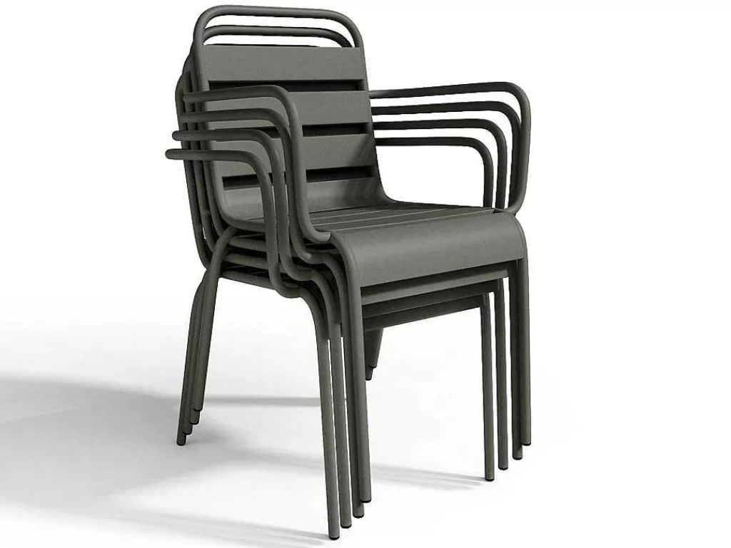 Conjunto Mesa E Cadeiras De Jardim*MYLIA Conjunto De Jantar De Jardim Em Metal, Uma Mesa D. 110 Cm E 4 Cadeiroes Empilhaveis, Cinzento-Escuro - Mirmande