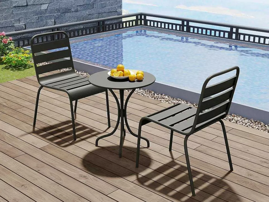 Conjunto Mesa E Cadeiras De Jardim*MYLIA Conjunto De Jantar De Jardim Em Metal, Uma Mesa D. 60 Cm E 2 Cadeiras Empilhaveis, Cinzento-Escuro - Mirmande