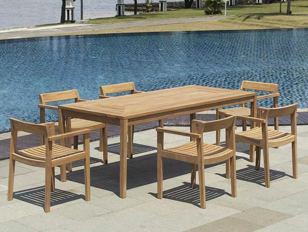 Conjunto Mesa E Cadeiras De Jardim*MYLIA Conjunto De Jantar De Jardim Em Teca, 1 Mesa C. 200 Cm + 6 Cadeiroes, Natural Claro - Allende